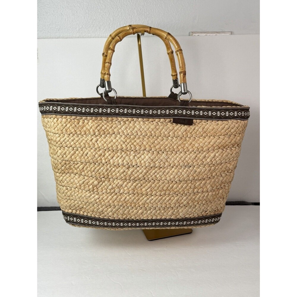 Reef Woven Cornhusk Basket Tote Bag Bamboo Handles Brown Boho Beach Large